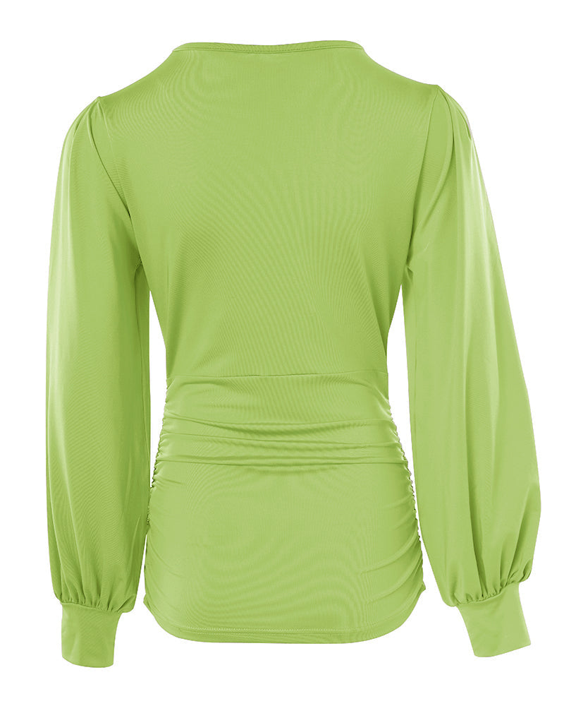 Deep V-Neck Lantern Sleeve Ruched Blouse Casual Slim Fit Top