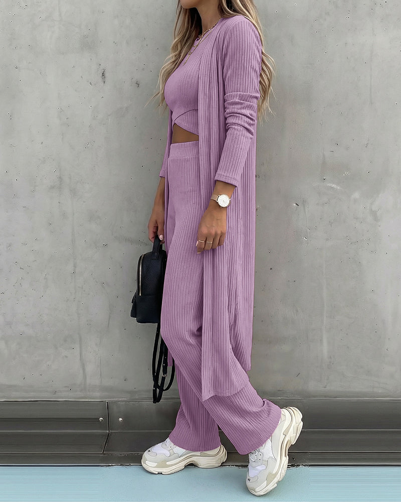 CHICME ESSENCE Women's 3 Piece Knit Set Long Cardigan Criss Cross Crop Tank Top and Wide Leg Pants Casual Ribbed Brushed Lounge Set
