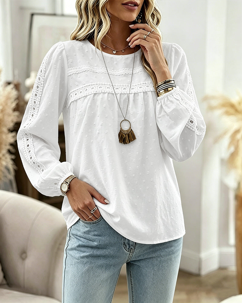 Women's Hollow-Out Lace Spliced Lantern Sleeve Top Elegant 3D Jacquard Chiffon Blouse for Work and Daily Wear