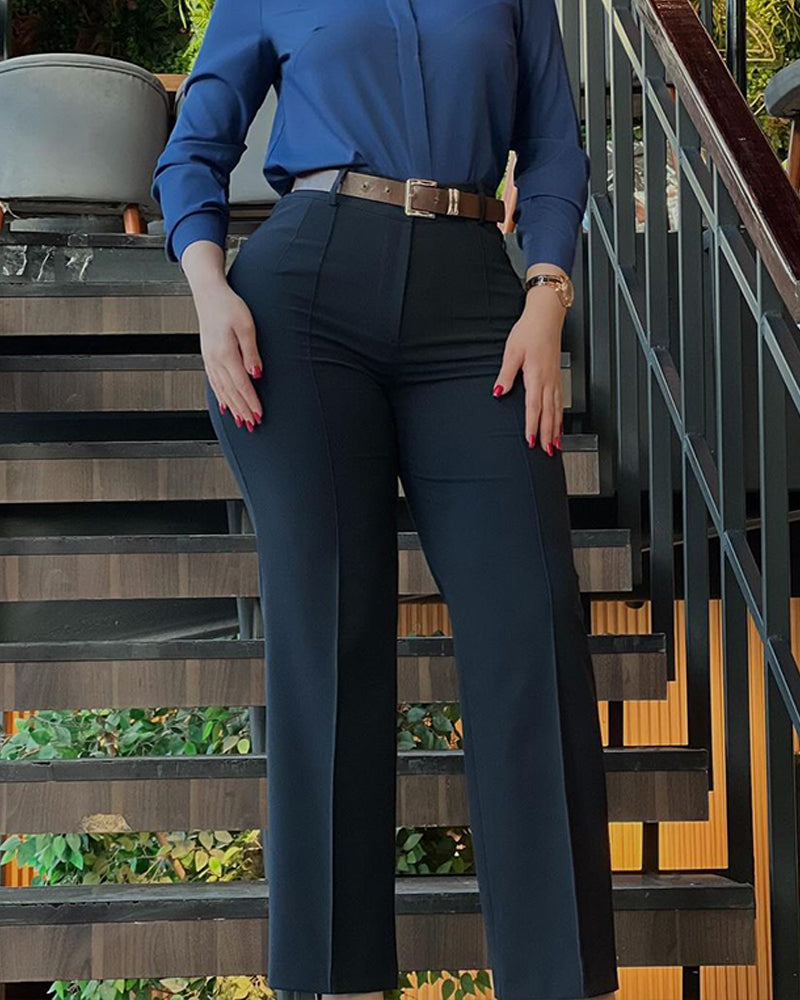 Zipper Fly High Waist Straight Leg Work Trousers Casual Elastic Back Waist Seam Front Business Pants