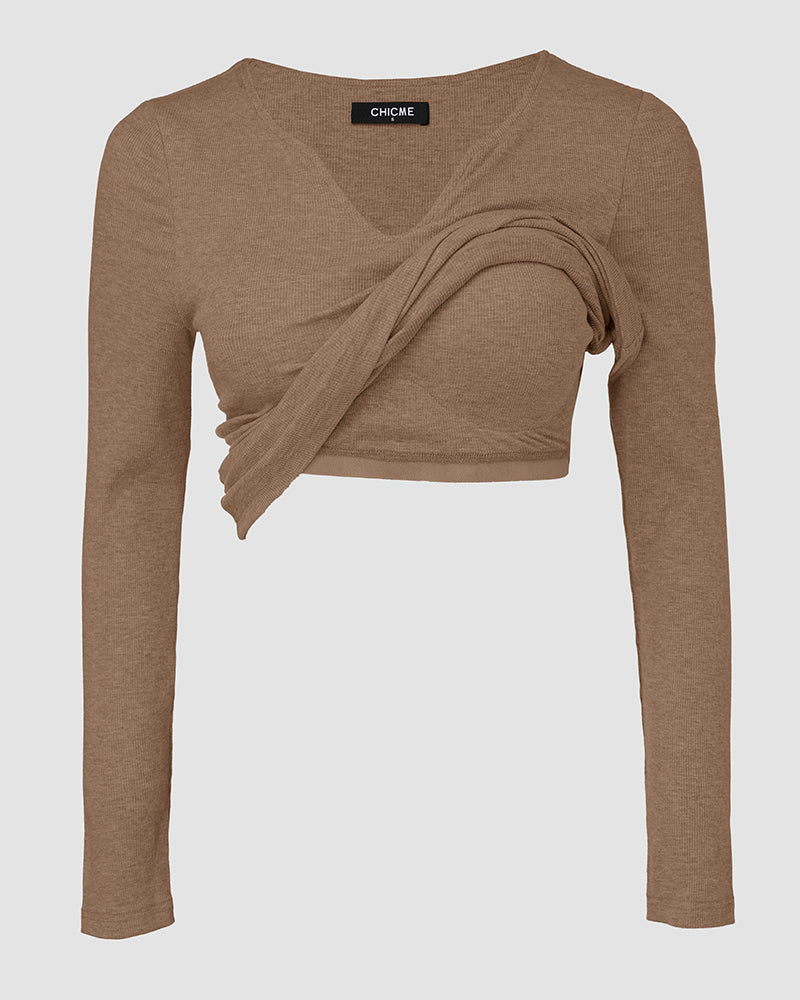 Chicme Built In Bra Notch Neck Long Sleeve Shirts Rib Knit Ruched Waist Top
