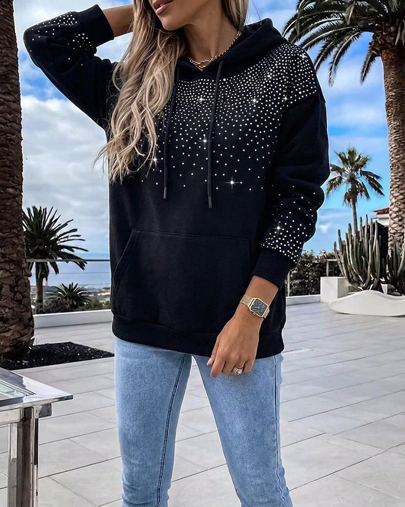 Women's Rhinestone Drawstring Hooded Sweatshirt Casual Sparkly Loose Fit Pullover