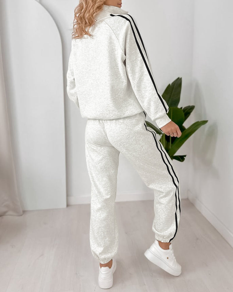 Women's Contrast Side Stripe Two Piece Sweatsuit Half Zip Sweatshirt and High Waisted Joggers Set Casual Tracksuit
