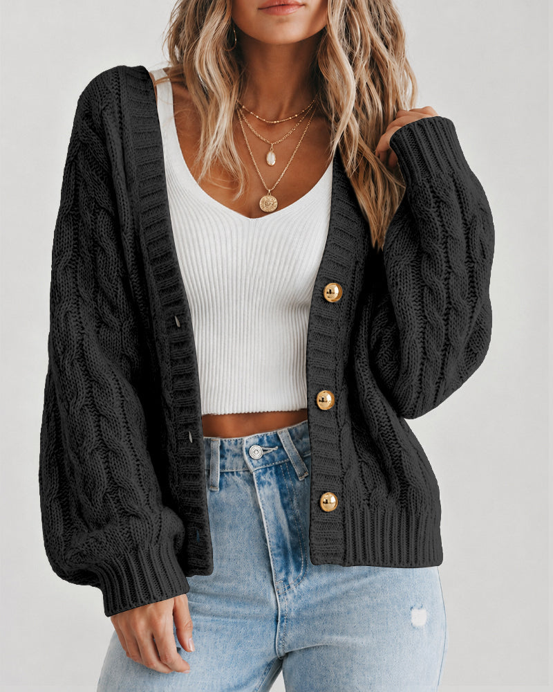 Women's Cable Knit Cardigan V Neck Button Down Chunky Knit Sweater Loose Lantern Sleeve Warm Outerwear