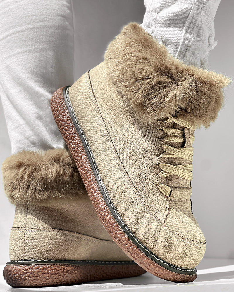 Fuzzy Detail Lined Lace-up Snow Boots