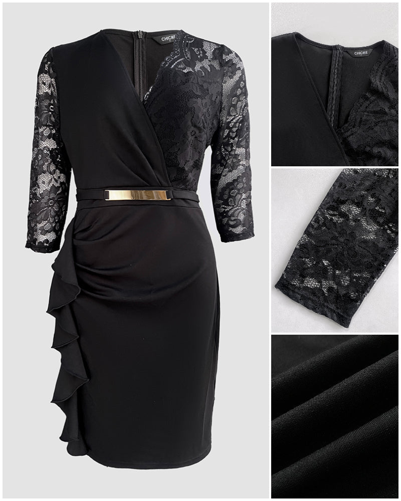 Metal Decor V-Neck Lace Spliced Three Quarters Sleeves Ruffles Design Evening Dress Zipper Back Slit Slim Fit Party Dress with Belt