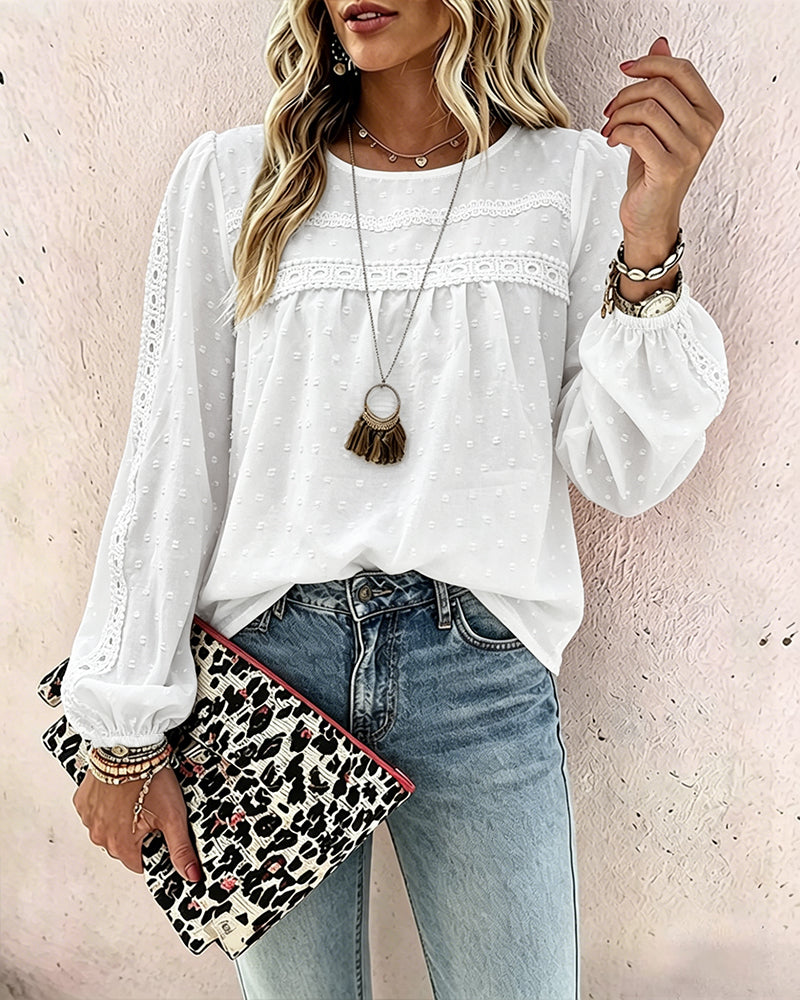 Women's Hollow-Out Lace Spliced Lantern Sleeve Top Elegant 3D Jacquard Chiffon Blouse for Work and Daily Wear