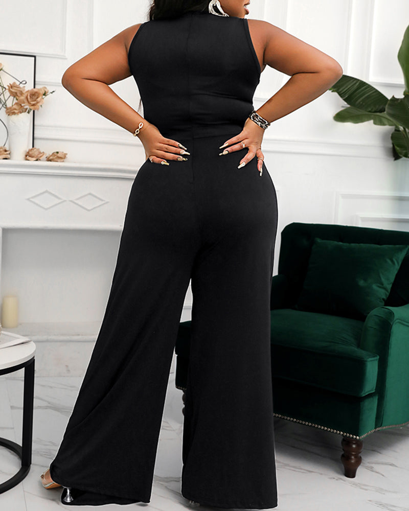 Rhinestone Decor Multi Spaghetti Straps Ruched Overalls Casual Zipper Back Wide Leg Jumpsuit