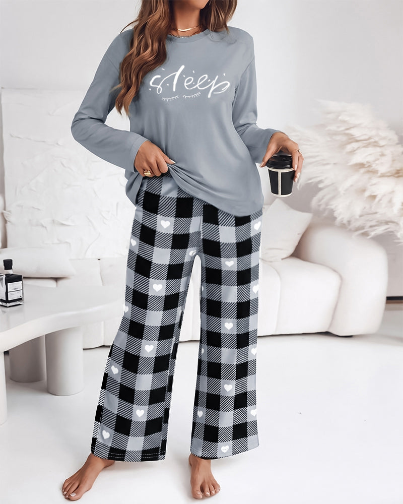 Women's 2 Piece Pajama Set Letter Print Long Sleeve Top and Plaid Heart Wide Leg Pants Casual Lounge Set
