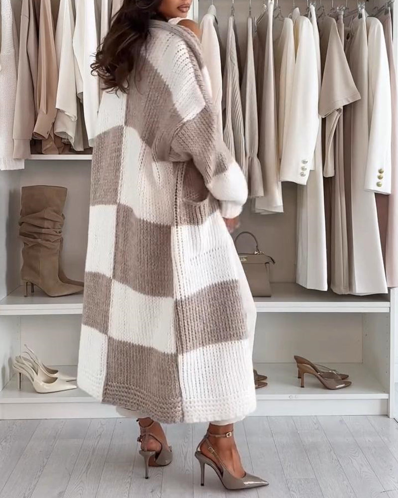 Women's Checkerboard Knit Cardigan Oversized Long Chunky Sweater Loose Lantern Sleeve Coat with Pockets