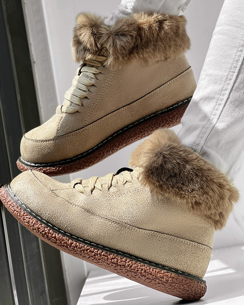 Fuzzy Detail Lined Lace-up Snow Boots