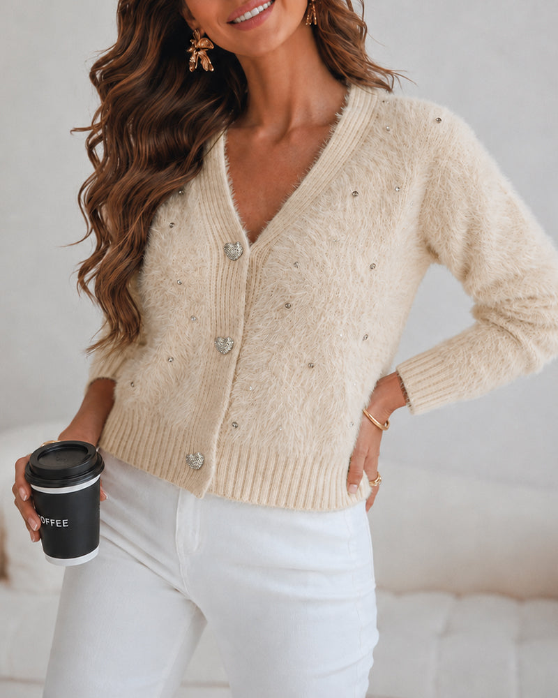 Women's Faux Mink Fur Knit Cardigan Elegant Pearl Rhinestone V Neck Sweater Crop Single Breasted Coat