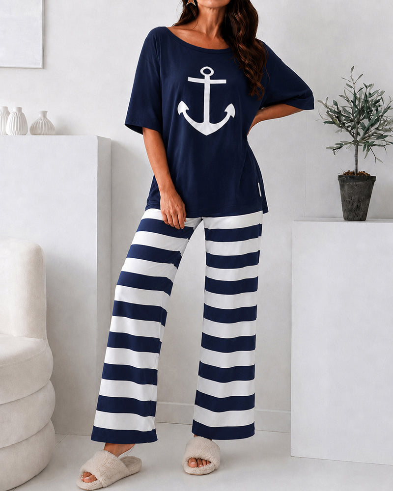 Women's Loungewear Set Anchor Print Side Slit Top and Striped Straight Leg Pants Set Casual Pajamas Set with Pockets
