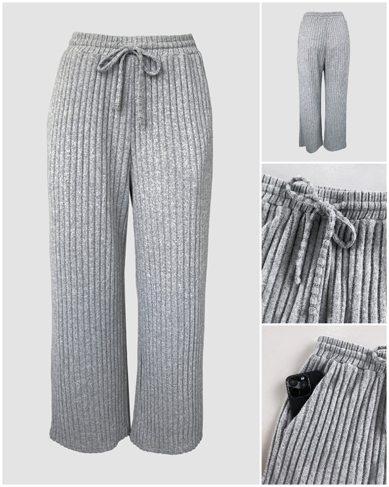 Women's Ribbed Knit Lounge Set Lace Trim Square Neck Long Sleeve Top and Straight Leg Drawstring Pants with Pockets