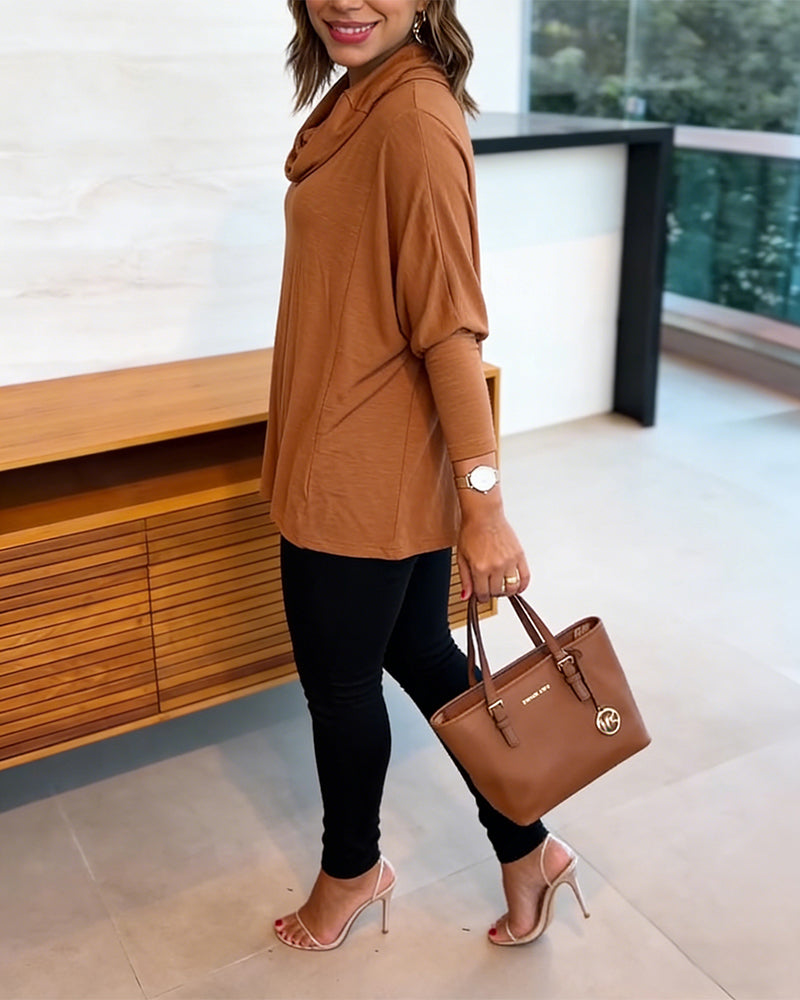 Women's Cowl Neck Batwing Sleeve Top Casual Long Sleeve Loose Pullover Comfortable Soft Drape Blouse