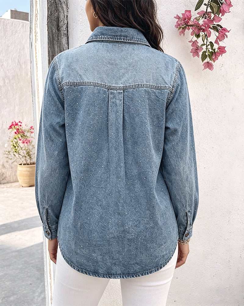 Women's Rhinestone Denim Jacket Washed Button-Down Shacket Sparkling Loose Fit Long Sleeve Casual Outerwear