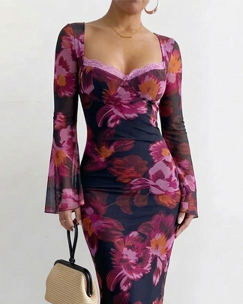 Women's Vintage Floral Mesh Dress Lace Trim Sweetheart Neck Flare Sleeve Bodycon Maxi Dress Mermaid Party Gown