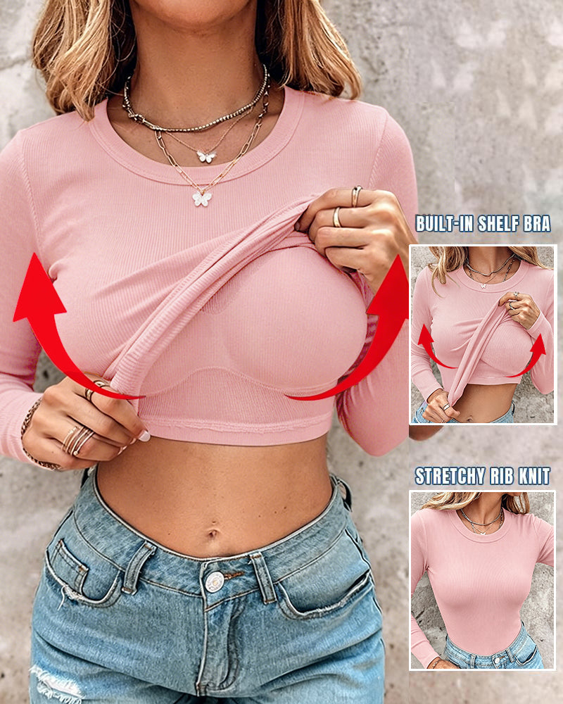 Women's Crewneck Long Sleeve Ribbed Knit Top Slim Fit Base Layer Shirt Soft Stretchy Casual Tee with Built-in Bra
