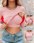Women's Crewneck Long Sleeve Ribbed Knit Top Slim Fit Base Layer Shirt Soft Stretchy Casual Tee with Built-in Bra