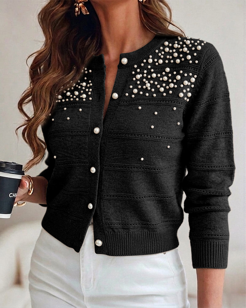 Women's Pearl Beaded Knit Cardigan Elegant Hollow Out Crop Sweater Casual Button Down Coat