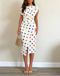 Women's Skew Neck Midi Dress Colorful Polka Dot Ruched Bodycon Dress Elegant Slit French Style Wrap Vacation Dress