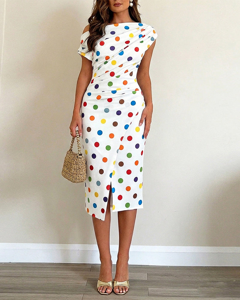 Women's Skew Neck Midi Dress Colorful Polka Dot Ruched Bodycon Dress Elegant Slit French Style Wrap Vacation Dress