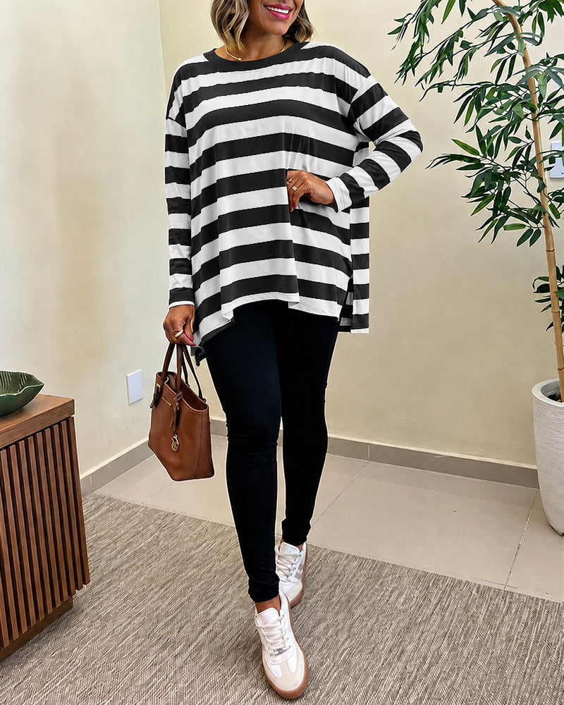 Women's Striped T Shirt Long Sleeve Drop Shoulder Crewneck Tee Side Slit Casual Loose Fit Top
