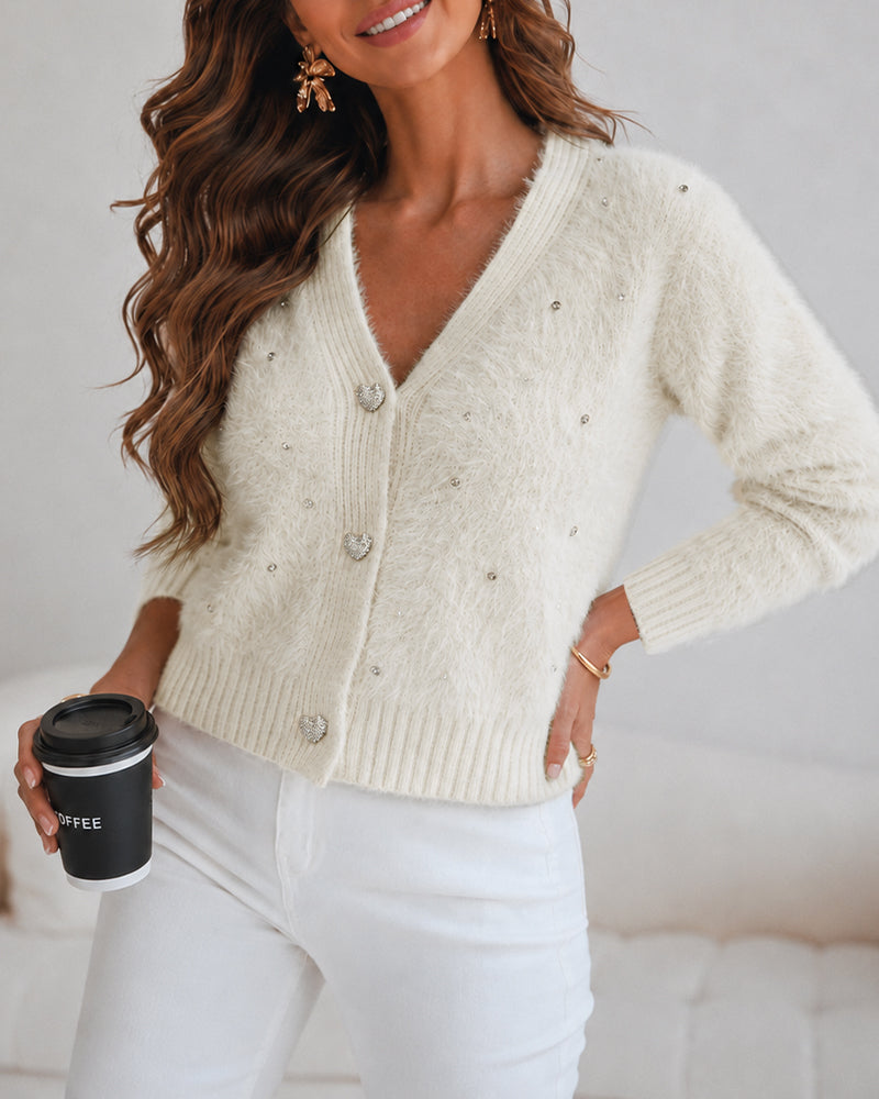 Women's Faux Mink Fur Knit Cardigan Elegant Pearl Rhinestone V Neck Sweater Crop Single Breasted Coat
