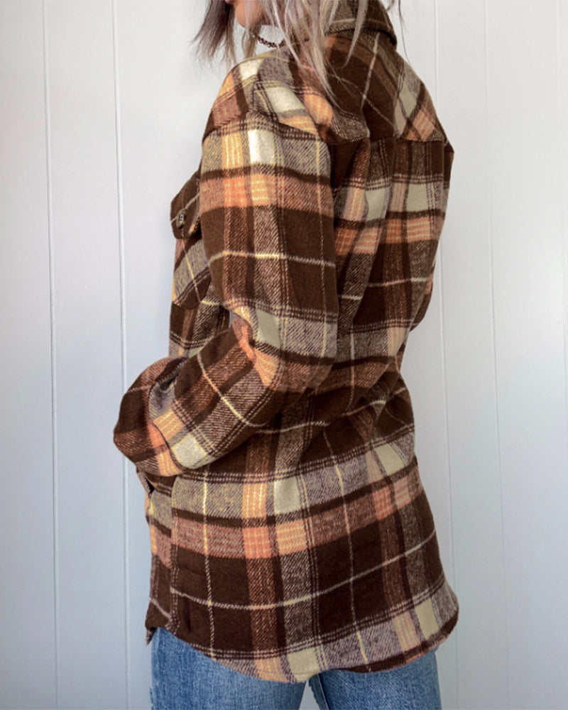 Women's Plaid Long Sleeve Button Down Brushed Shacket Casual Turn-down Collar Coat
