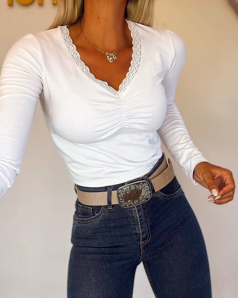 Women's Lace V Neck Ruched T Shirt Slim Fit Long Sleeve Tee Casual Elegant Top