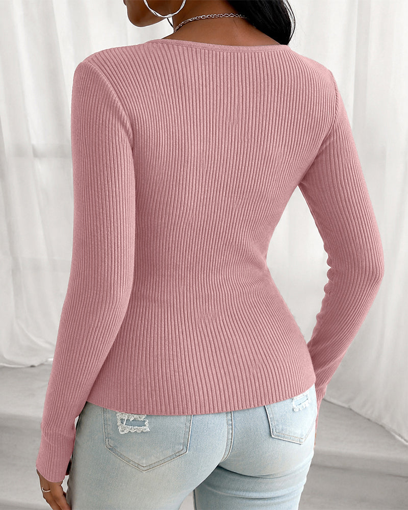 Women's Overlap V Neck Long Sleeve Ribbed Knit Top Rhinestone Side Button Ruched Slim Fit Asymmetric Hem Sweater