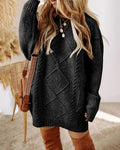Round Neck Long Sleeve Drop Shoulder Pullover Sweater Casual Loose Fit Cable Knit Mid Length Sweater