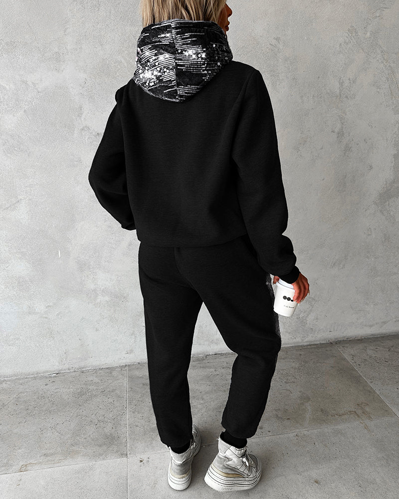Contrast Sequin Hooded Sweatshirt & Pocket Design Sweatpants Set