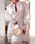 Guipure Lace Spliced Turn-down Collar Long Sleeve Button Front Shirt Dress Casual Tie Waist Ruffle Hem Dress