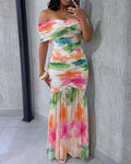 Women's Foldover Off-Shoulder Floral Mermaid Dress Mesh Ruched Maxi Gown with Detachable Clear Straps