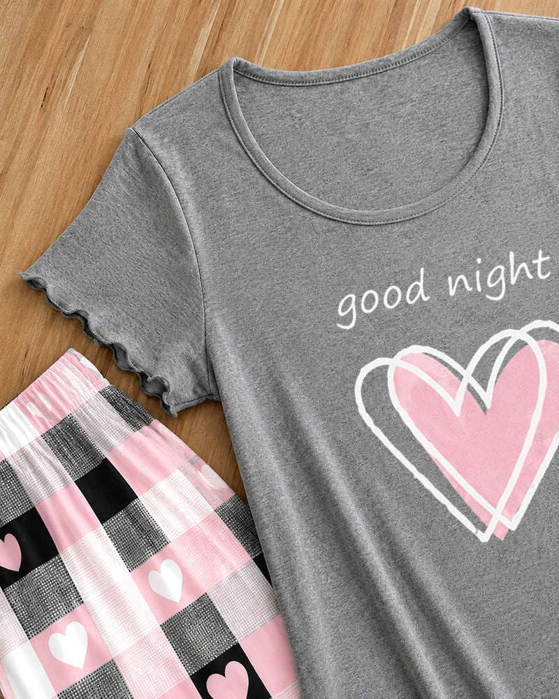 Women's Frill Hem Two Piece Pajama Set Heart Slogan Short Sleeve Top and Plaid Straight Leg Pants Casual Lounge Set
