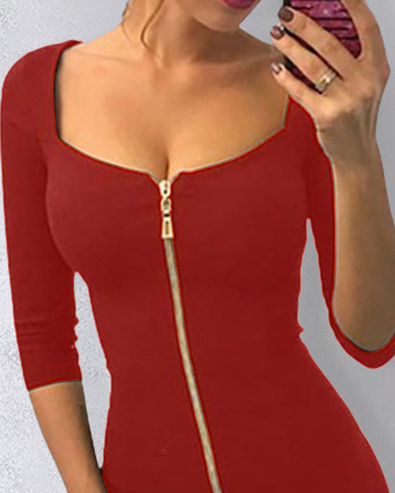 Square Neck Half Sleeves Bodycon Dress Full Front Zip Split Midi Dress