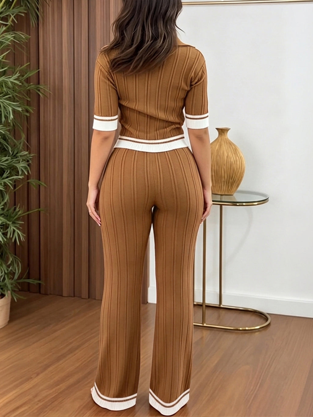 CHICME ESSENCE Women's Two Piece Knit Set Contrast Binding Short Sleeve and Drawstring Straight Leg Pants Casual Lounge Set