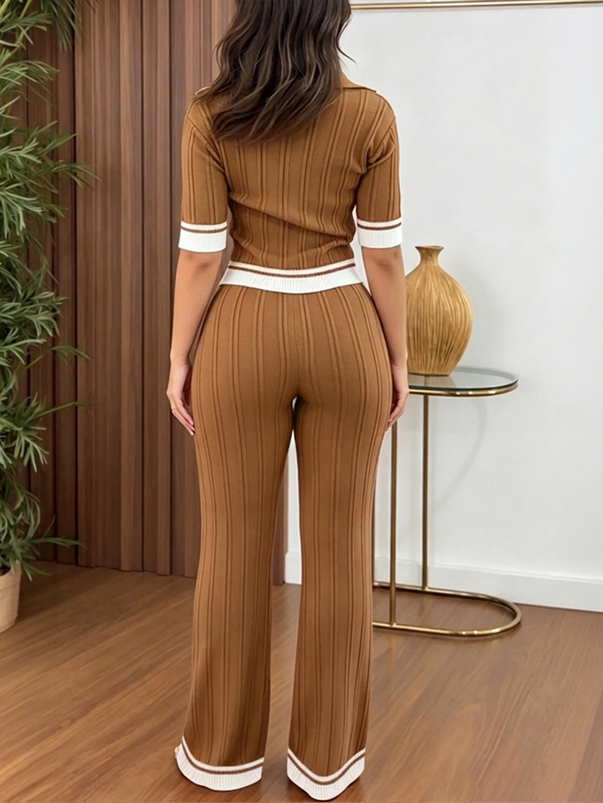 CHICME ESSENCE Women's Two Piece Knit Set Contrast Binding Short Sleeve and Drawstring Straight Leg Pants Casual Lounge Set