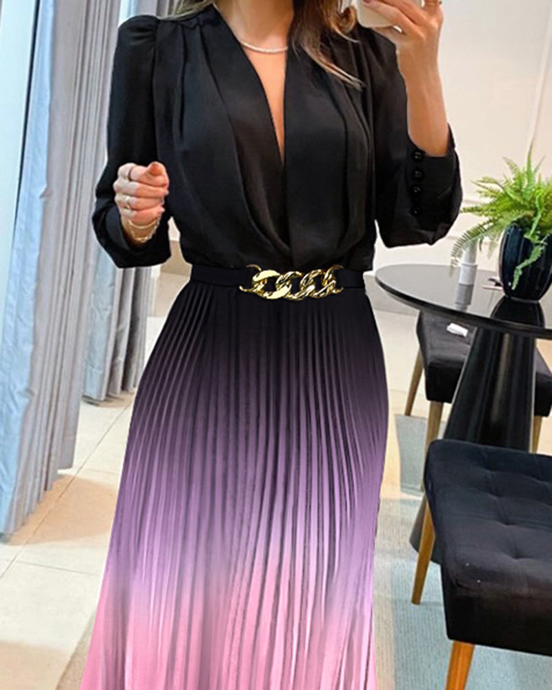 Ombre Deep V Neck Long Sleeve Pleated Mid-length Dress With Chain Decor Belt