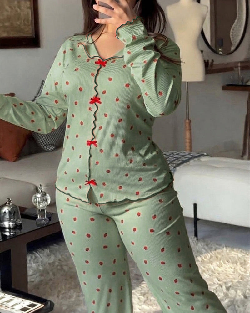 CHICME ESSENCE 2 Pieces Outfit Bowknot Decor Turn-down Collar V-Neck Top and Elastic Waist Slit Hem Pants Set Casual Strawberry Print Frill Trim Ribbed Pajamas Set