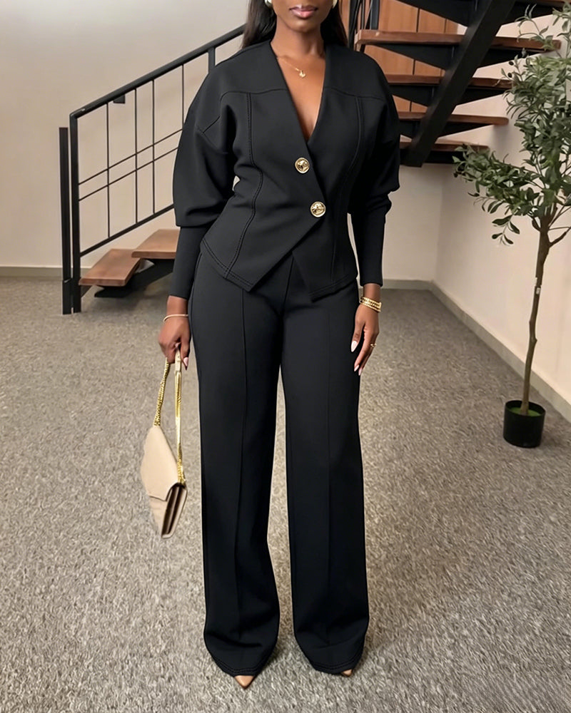 Women's 2 Piece Set V-Neck Cinched Waist Gigot Sleeve Top and High Waist Wide Leg Pants Elegant Set