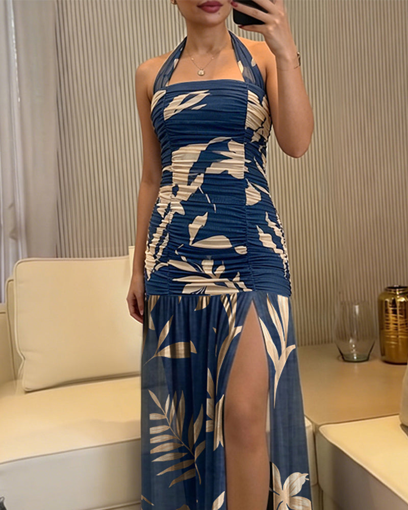 Women's Vintage Plants Halter Tie Maxi Dress Sexy Backless Ruched Bodycon Dress Elegant Slit Mesh Evening Party Gown