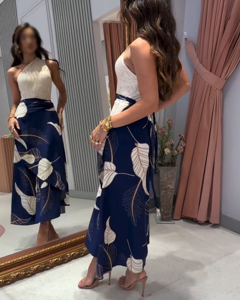 Leaves Print High Waist Wrap Lace-Up Skirt Casual Asymmetrical Hem Skirt