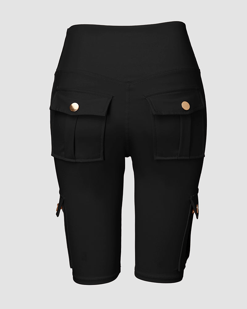 Tummy Control Butt Lifting Active Shorts High Waist Flap Pocket Workout Bermuda Cargo Running Shorts