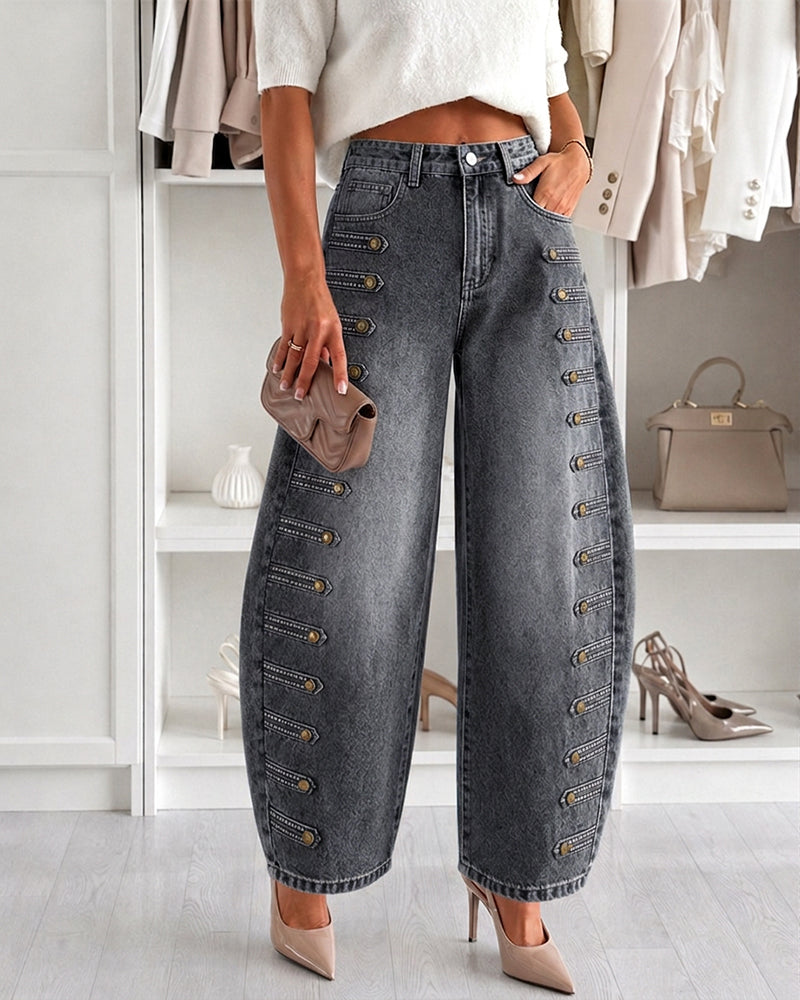 Women's Wide Leg Jeans High Waisted Side Button Denim Pants Distressed Washed Trousers Retro Y2K Streetwear