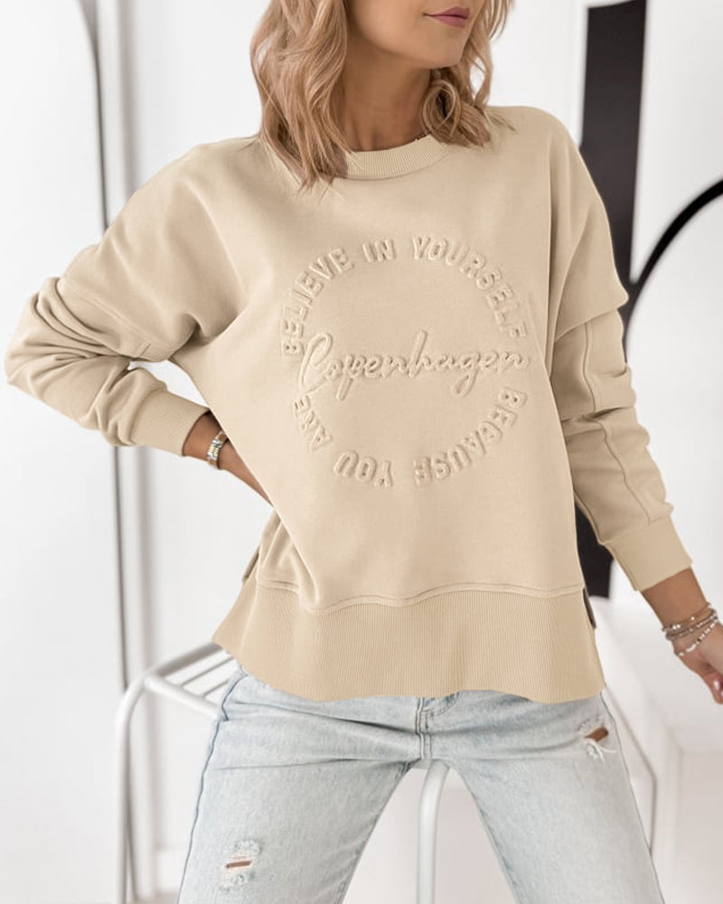 Women's Loose Crewneck Sweatshirt Embossed Letter Print Pullover Top Casual Side Slit Top