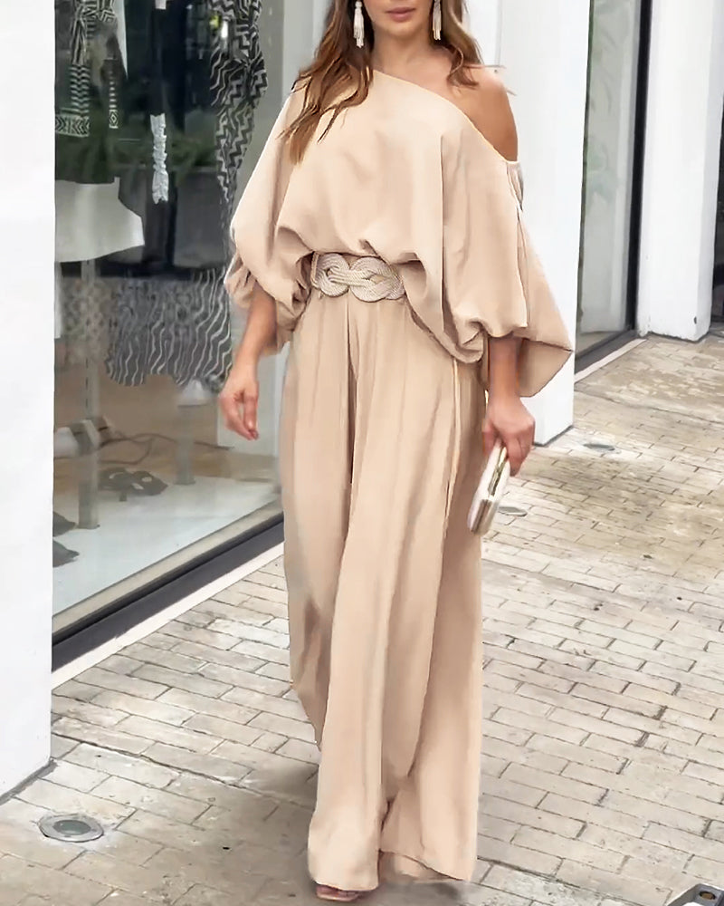 2 Pieces Outfit Turn-down Coll  Long Sleeve Button Front Satin  Shirt and Casual Vintage Floral  Print Elastic Back Waist Wide Leg  Pants Set without Belt