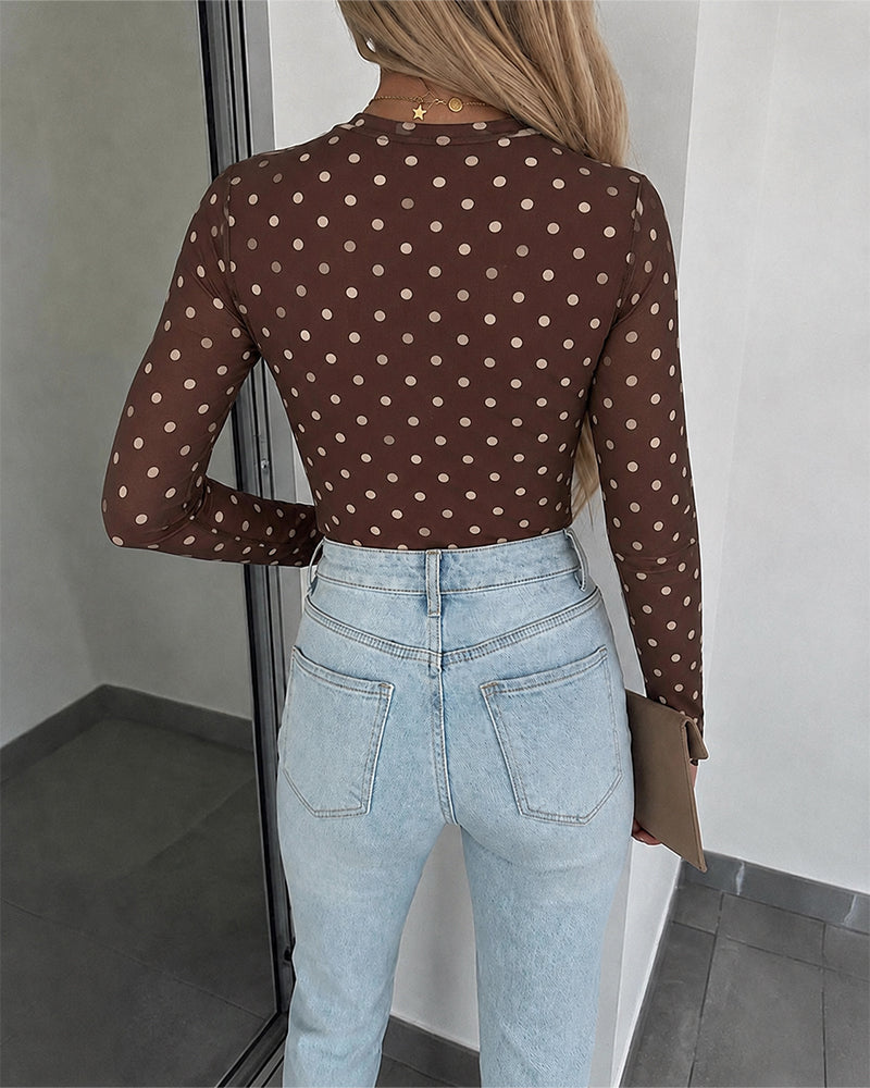 Women's Mesh Polka Dot Top Lined Sheer Long Sleeve Tee Crewneck Slim Fit Layering Under Base Top with Thumbholes