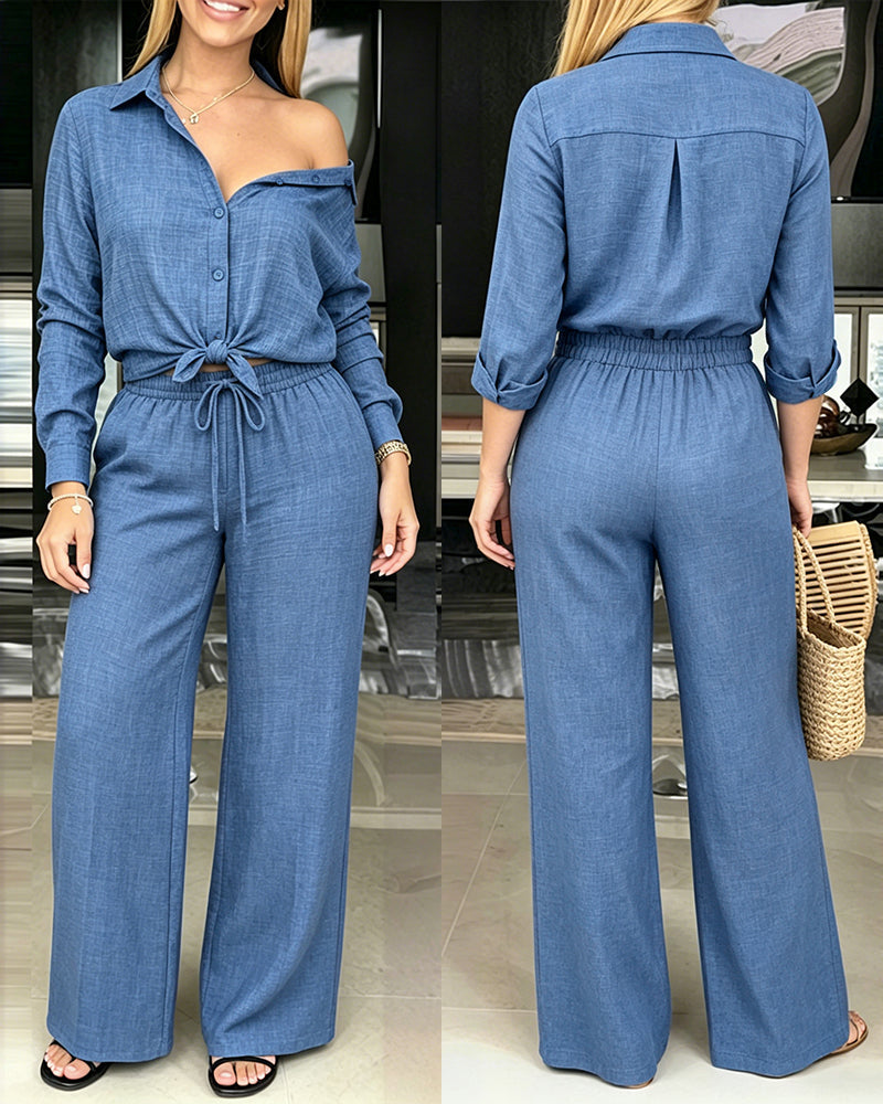 Women's 2 Piece Textured Set Button Down Shirt and Wide Leg Pants Set Casual Loose Lightweight Outfits with Pockets